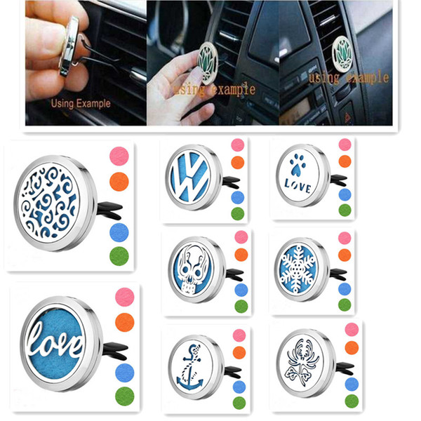 Drop Ship Car Vent Clip Air Freshener Essential Oil Diffuser 316L Steel Locket essential Oil Car Diffuser Free 10Pads