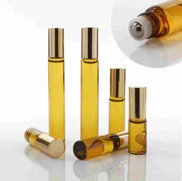 1pcs 3ml 5ml 10ml Gold Glass Bottle Roll On Empty Fragrance Perfume Essential Oil Bottles With Stainless Steel Roller Ball Container