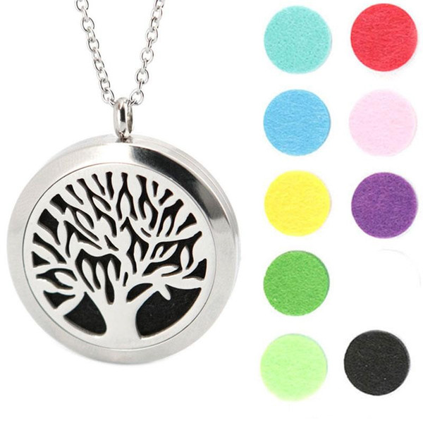 Tree of Life Pendant 30mm Aromatherapy Essential Oil Stainless Steel Necklace Perfume Diffuser Oils Locket Send chain and Felt Pads as Gift