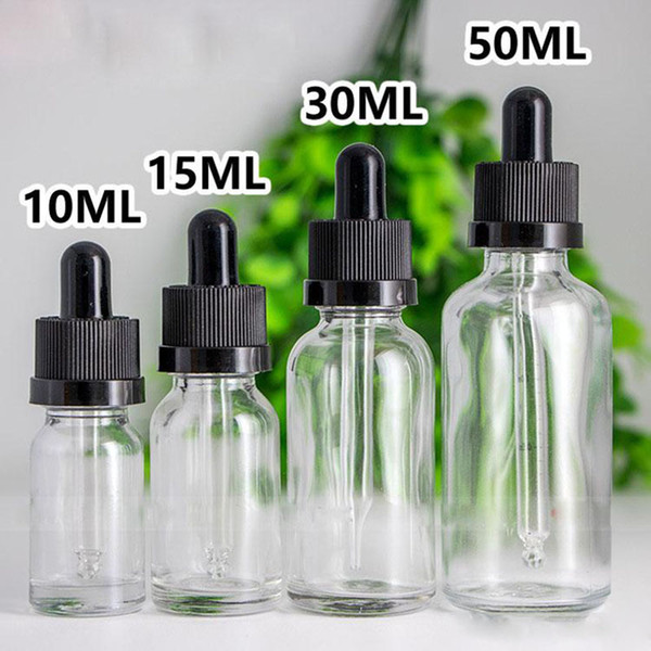 Wholesale Clear Glass Bottles 10ml 15ml 30ml 50ml Empty Essential Oil Perfume bottles With Glass Pipette And Black Child proof Caps