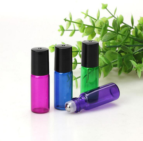 Colorful 5ml Roller Glass Bottles Fragrance Perfume Essential Oil Empty Bottles 5ml Roll-On Black Roller Cap Bottle DHL Free Shipping