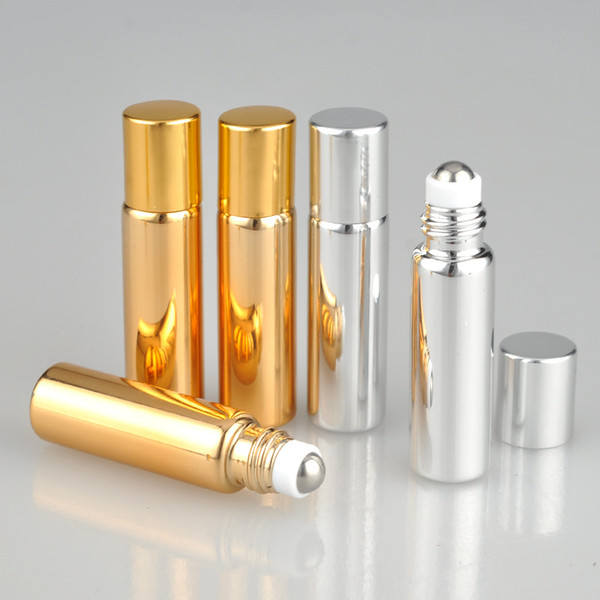 Hot Selling Silver Gold 5ml glass roll on bottles for essential oils,refillable perfume containers with stainless steel roller ball