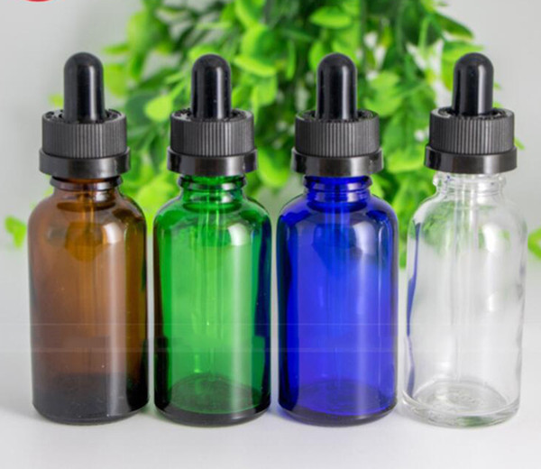 China Factory 30ml Glass Oil Droppers 1oz Blue Green Clear Amber Glass Liquid Reagent Pipette Bottles DHL Free Shipping
