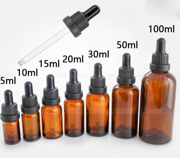 Eliquid Empty Glass Bottles 10ml 15ml 20ml 30ml 50ml 100ml Brown Perfume Essential Oil Bottles With Black Childproof Tamper Caps
