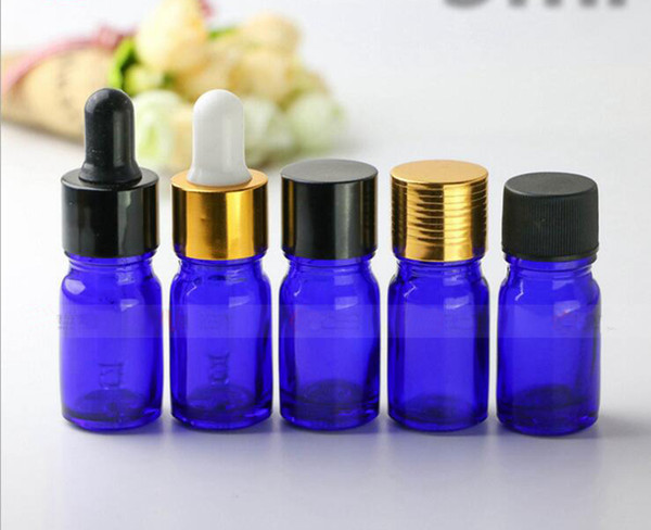 Hot Sale 5ml Blue Dropper Glass Bottles Mini Essential Oil Glass Container With Gold Black Screw Cap 960pcs/carton