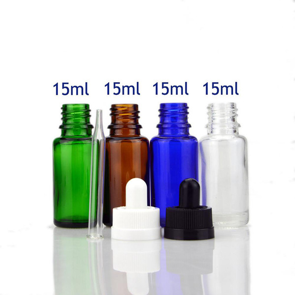 Wholesale E liquid Clear Amber Green Blue Glass Dropper Bottles 15ml Perfume Glass Bottle With Childproof Cap Glass Pipette