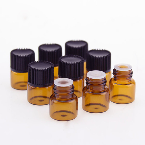 Wholesale 1ML Mini Amber Essential Oil Glass Empty Bottles 1CC Small Perfume Vials With Black Screw Cap BY DHL Free