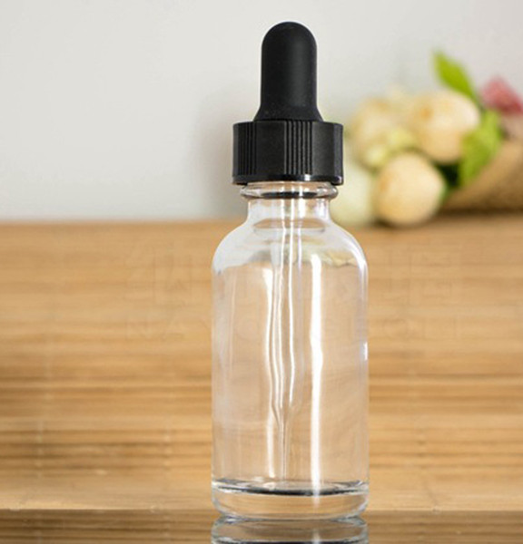 Hot Sale Empty Glass 30ml Essential Oil Liquid Bottles Clear Perfume Pipette Refillable Bottles With Black Child proof Caps In Stocks
