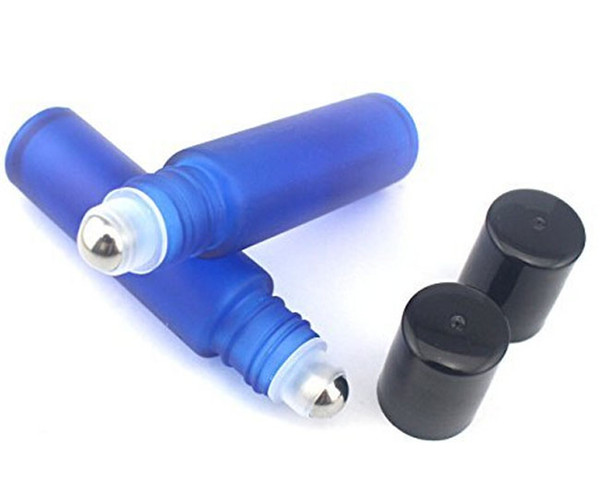 Blue 10ml 1/3oz ROLL ON Frosted fragrance GLASS BOTTLE ESSENTIAL OIL stainless Steel Roller ball Aromatherapy Bottle by DHL Free Shipping