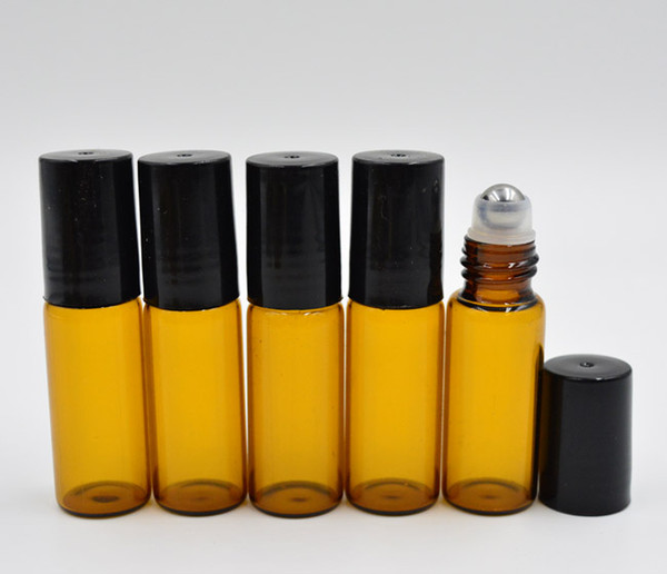 5ml ROLL ON GLASS BOTTLE Amber brown Fragrances ESSENTIAL OIL stainless steel Roller Ball Black Cap Wholesale By DHL/Fedex Free Shipping