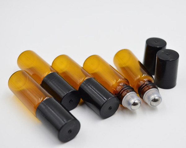 mini 5ml 1/6oz ROLL ON GLASS BOTTLE Amber brown Fragrances ESSENTIAL OIL stainless steel Roller Ball Black Cap By DHL/Fedex Free Shipping