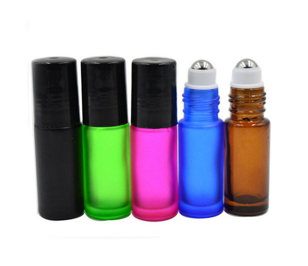 Thick 5ml PINK/ AMBER/ BLUT/ BLACK/Green Empty Roll on Glass Bottle for Essential Oil Bottle METAL Roller Ball 300PCS/LOT By DHL/EMS FREE