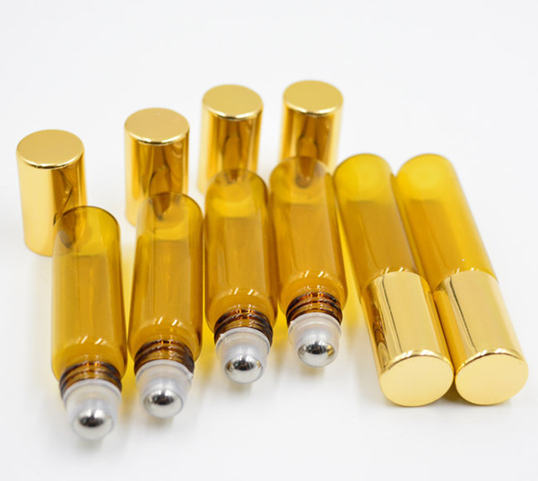5ml ROLL ON GLASS BOTTLE Amber brown Fragrances ESSENTIAL OIL stainless steel Roller Ball Gold Cap Wholesale Free Shipping