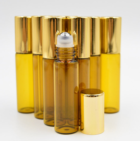 5ml ROLL ON GLASS BOTTLE Amber brown Fragrances ESSENTIAL OIL stainless steel Roller Ball Gold Cap Wholesale By DHL/Fedex Free Shipping