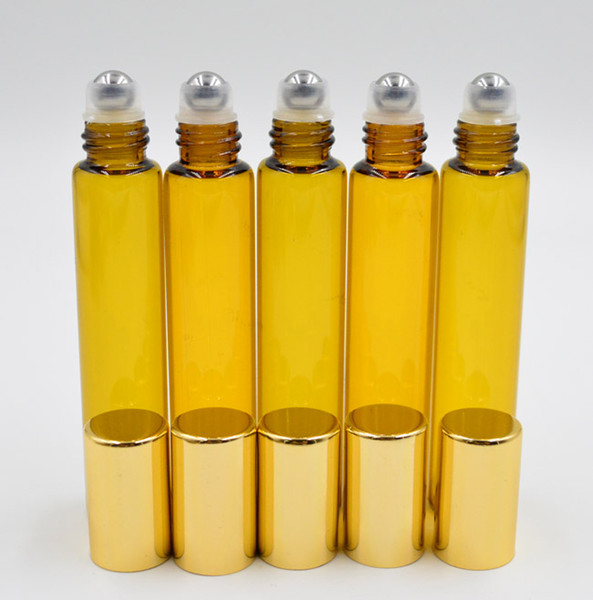 Amber brown 10ml 1/3oz ROLL ON GLASS BOTTLE Fragrances ESSENTIAL OIL Perfume stainless steel Roller Ball Gold Cap Wholesale Free Shipping