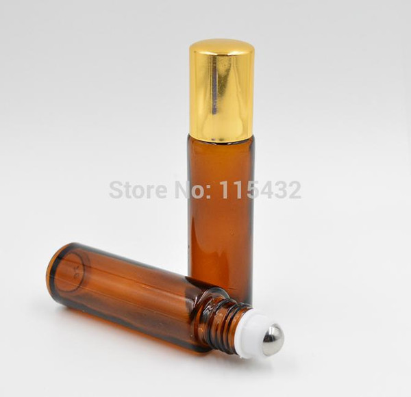 100pcs/lot Amber 10ml 1/3oz THICK ROLL ON GLASS BOTTLE Fragrances ESSENTIAL OIL Perfume bottle gold cap Roller Ball BY DHL Free Shipping