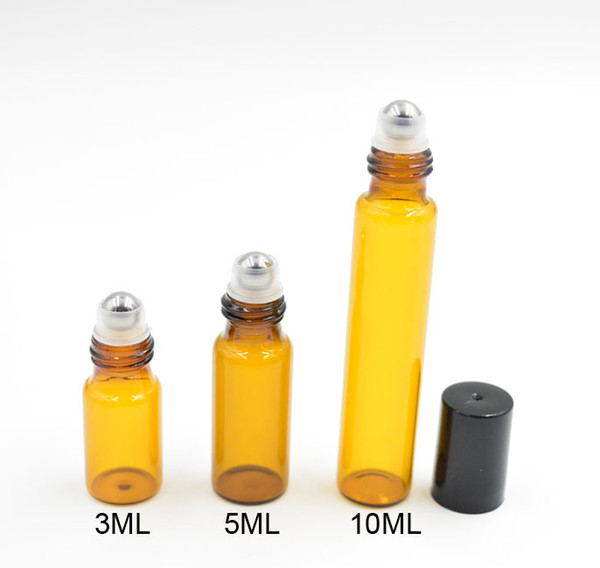3ml 5ml 10ml Amber brown ROLL ON GLASS BOTTLE Perfume ESSENTIAL OIL bottle stainless steel Roller Ball by DHL Free Shipping