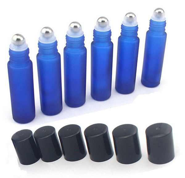 Blue 10ml 1/3oz ROLL ON Frosted fragrance GLASS BOTTLE ESSENTIAL OIL stainless Steel Roller ball Aromatherapy Bottle Free Shipping