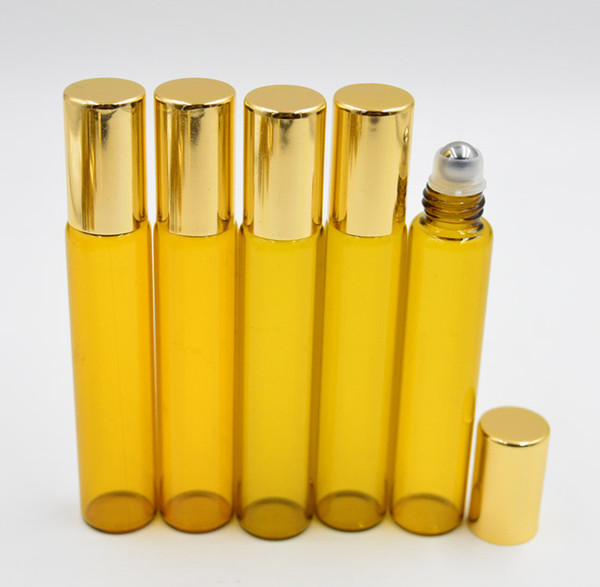 Amber brown 10ml 1/3oz ROLL ON GLASS BOTTLE Fragrances ESSENTIAL OIL stainless steel Roller Ball Gold Cap Wholesale by DHL Free Shipping
