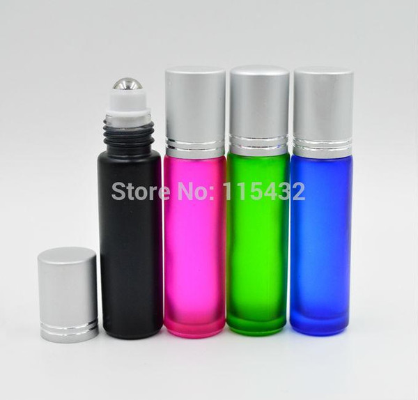 100pcs/lot 10ml 1/3oz ROLL ON GLASS BOTTLE Fragrances ESSENTIAL OIL Perfume stainless steel Roller Ball Alu Cap Blue/Green/Pink/Black Mixed