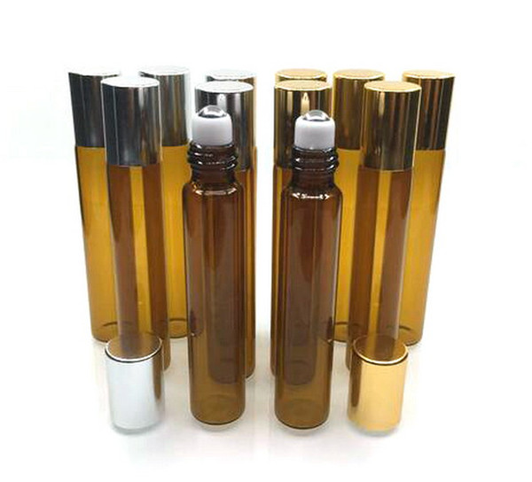 10ml Brown Glass Essential Oil Roller Bottles with Stainless Steel Roller Balls, for Perfumes Glass Bottles 300Pcs/lot By DHL Free Shipping