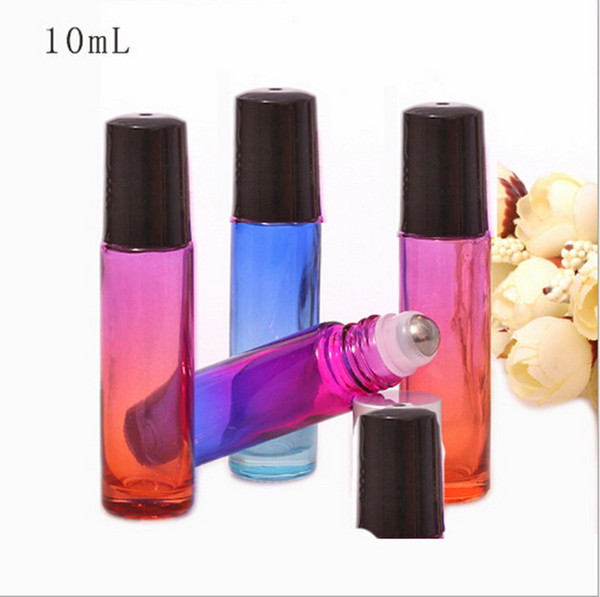 2018 New Hot Selling Colorful Glass Roller Bottles 10ml Thick Glass Roll On Glass Container with SS Ball and Black Cap 600Pcs Lot Free DHL