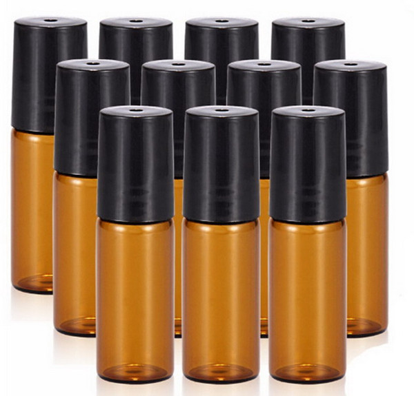 500pcs/lot 5ml amber roll on roller bottles for essential oils roll-on refillable perfume bottle deodorant containers with black lid