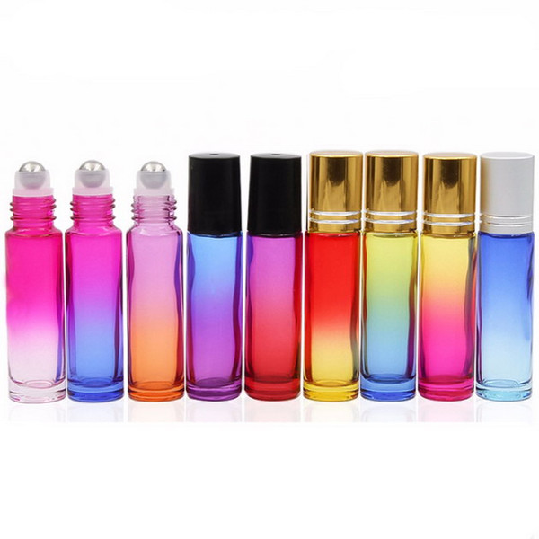 2018 New Popular !!! 10ML Colorful Glass Roll On Bottles Thick 10ml Rainbow Glass Roller Bottles for Essence Oil with SS Roller and cap 200P