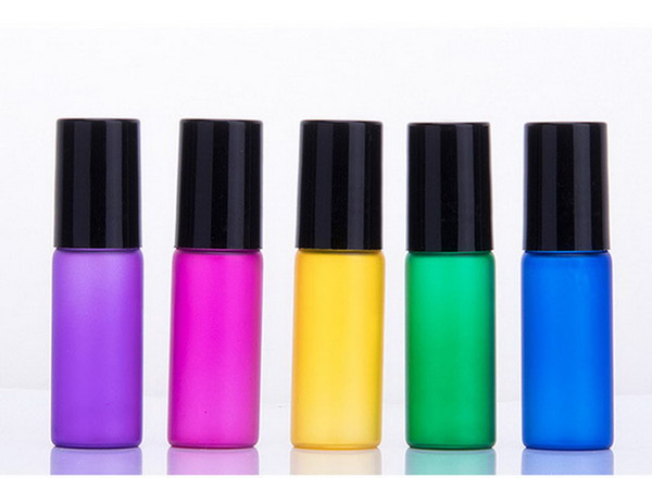 Colorful 5ml 1 6OZ Frosting ROLL ON GLASS ESSENTIAL OIL BOTTLE Perfume stainless steel Roller ball fragrance bottle 200pcs free DHL Shippin