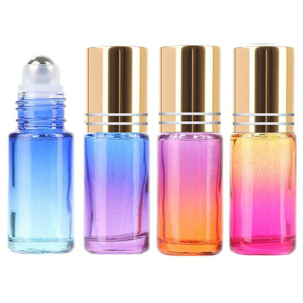 5ml 100Pcs Gradient Color Roll On Bottles Thick Glass Empty Refillable Fragrance Essential Oil Metal Roller ball Bottle Container For Home