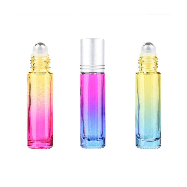 500pcs/Lot 10ml Gradient Roller Bottles Rainbow Color Glass Bottle Color Essential Oil Bottle with Silver cap