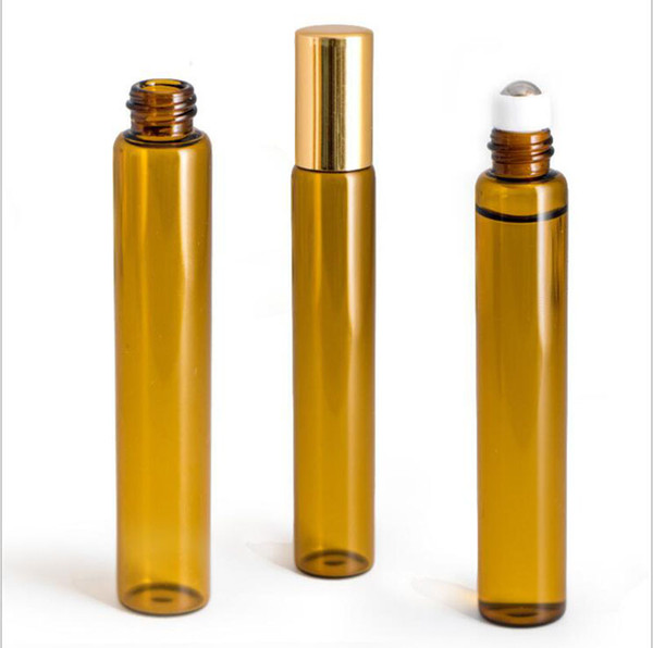 10ML Mini Roll On Glass bottle fragrance PERFUME Amber Brown THICK GLASS BOTTLES ESSENTIAL OIL bottle Steel Metal Roller ball