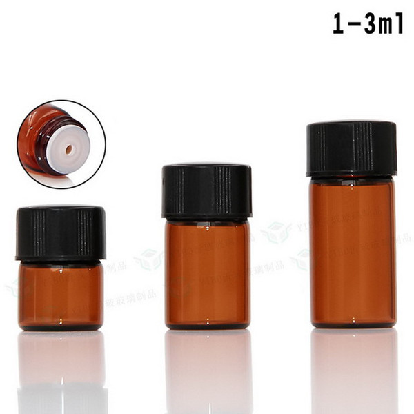 1000PCS/LOT 1ml 2ml 3ml Amber Glass Essential Oil Bottle Perfume Sample Tubes Bottle With Plug And Caps