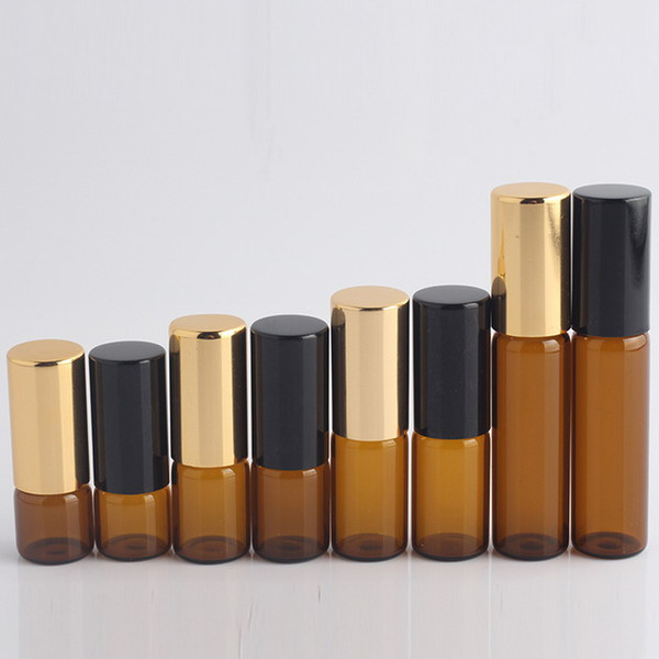 300Pcs1ML2ML3ML5ML10ML Amber Roll On Roller Bottle for Essential Oils Refillable Perfume Bottle Deodorant Containers With Gold Lid