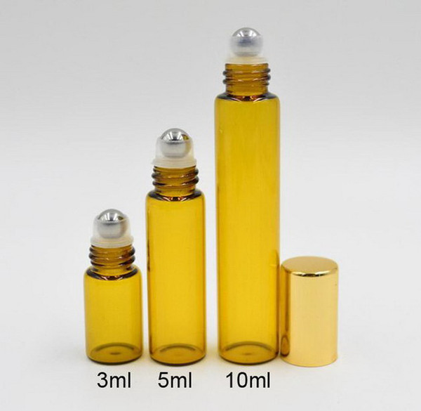 300PCS Refillable Amber 3ml 5ml 10ml ROLL ON fragrance PERFUME GLASS BOTTLES ESSENTIAL OIL Bottle Steel Metal Roller ball by DHL Free Shippi