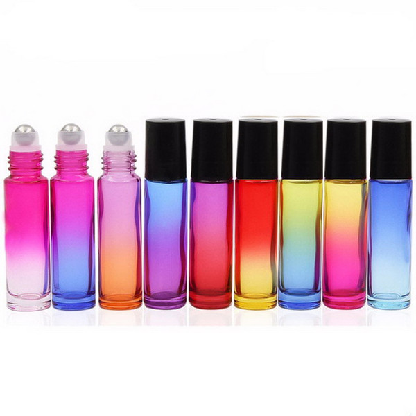 2018 New!!! 10ML Colorful Glass Roll On Bottles Thick 10ml Rainbow Glass Roller Bottles for Essence Oil with SS Roller and cap