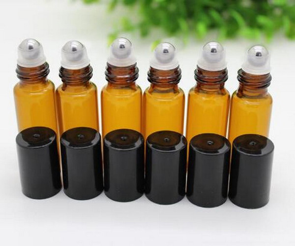 5ml Roll on Glass Bottle for Essential Oil - Refillable Slim with Metal Ball and Black Lid Amber 300Pcs/lot By DHL Free Shipping