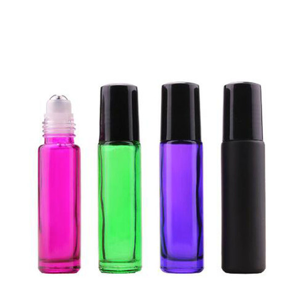 200Pcs/Lot 10ml Green Purple Red Black Glass Roll On Essential Oil Empty Perfume Bottle 10cc Stainless Steel Roller Ball (Multicolor)