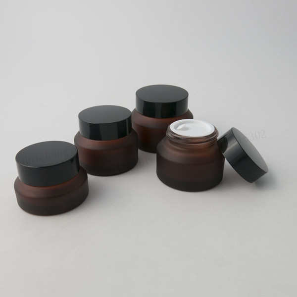 200 x 15G 30G 50G Frost Amber Glass Cream Jar With Black Lids white Seal Container Cosmetic Packaging, 15G Glass Cream Pot