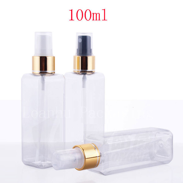 100ml transparent square empty plastic bottles gold aluminum sprayer ,100cc cosmetic containers perfume bottle with spray pump