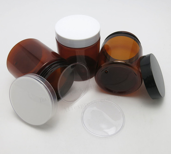 20 x 250ML Amber Empty PET Jars with Black White Plastic Screw Lids, 250cc Cream Container