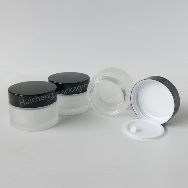 200 x 30g Travel Empty frost glass cream container Vials cosmetic packaging Make Up Jar with black lids