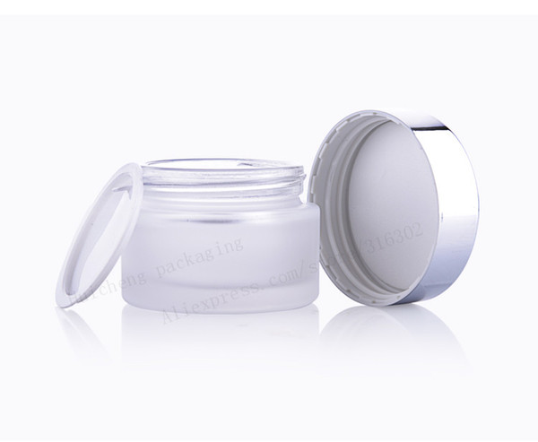 200 pcs New Design Frost Glass Make Up Cream Jar Pot Containers With Uv Shining Silver Cap and White Pad 15g 30g 50g