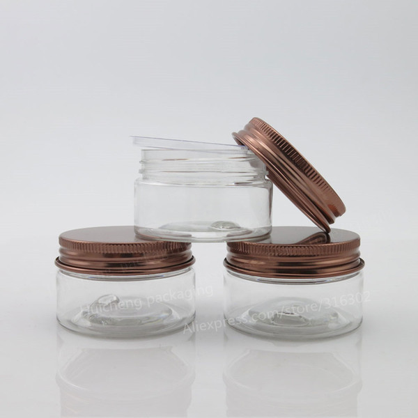 Empty PET Plastic Jars Aluminum Bronze Lids Clear Pots Cosmetic 30g 1oz Cosmetic Container 50pcs