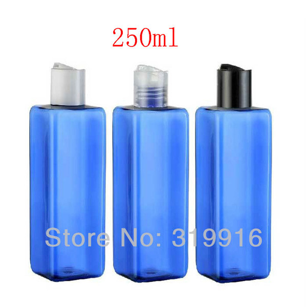 250ml X 20 square blue color plastic bottle containers with disc cap for cosmetic packaging shampoo lotion liquid soap bottle