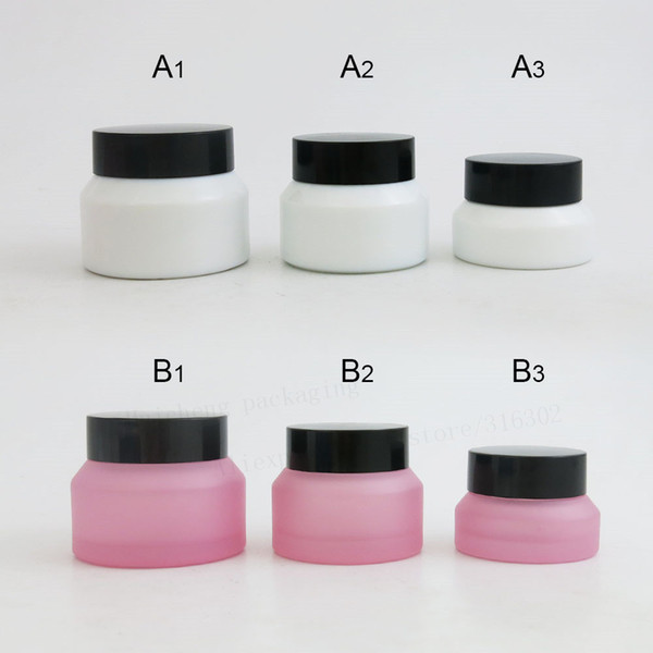 12 x 15G 30G 50G Pink White Make up Glass Jar With Black Lids Seal 1oz Container Cosmetic Packaging, 15G Glass Skin Care Pot