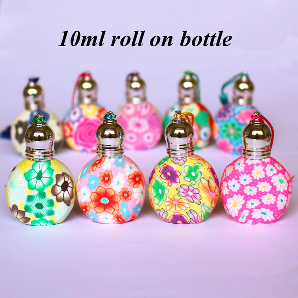 Colorful 10ml roll on perfume bottles polymer clay empty refillable bottle glass roller essential oil vials