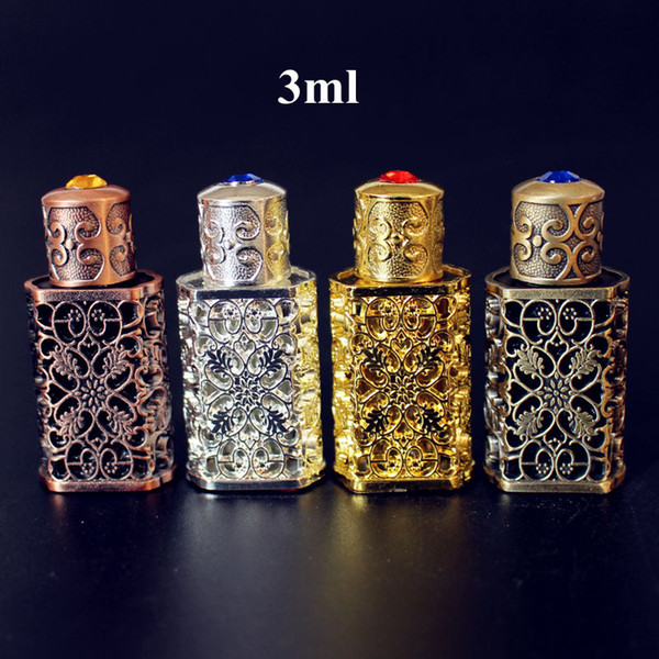 3ml Antiqued Metal Perfume Bottle Arab Style Alloy Hollow out Essential Oils Bottle Middle East Glass Dropper Bottle