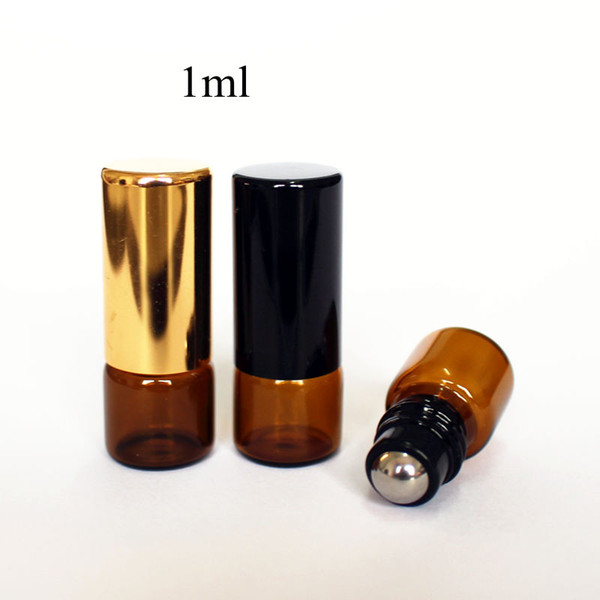 1ml Amber Thin Glass Roll on Bottle with Metal Roller Ball Glass Perfume Roll-On Vials Essential Oil Bottle with Black Gold Cap
