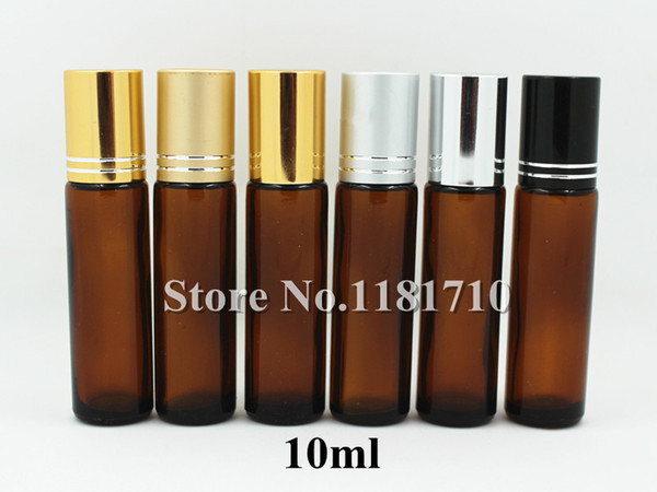 Free Shipping 10ml Amber Glass Roll On Bottle with Glass Ball Perfume Roller Bottle Aluminum Cap Essential Oil Bottle Refillable